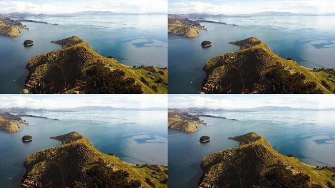 玻利维亚太阳岛和提提卡卡湖全景鸟瞰图