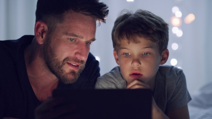 父亲指导儿子在网上学习