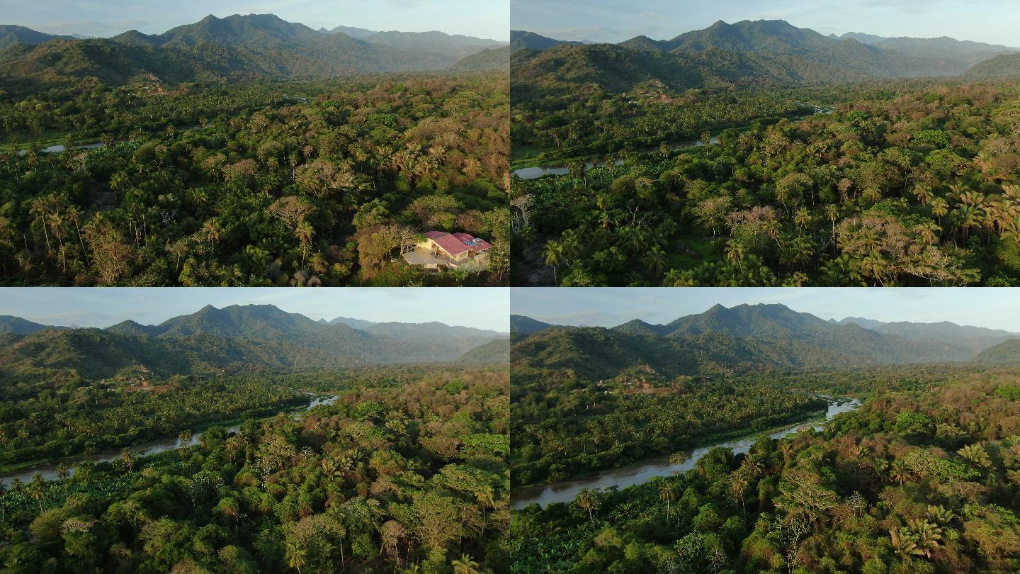 无人驾驶飞机在哥伦比亚森林中拍摄河流