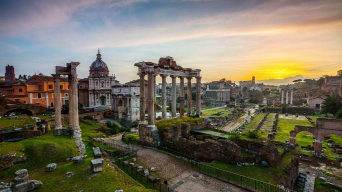 著名的罗马广场上日落的延时镜头。