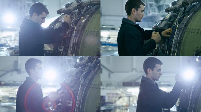 维修技工在机库检查和操作飞机喷气发动机