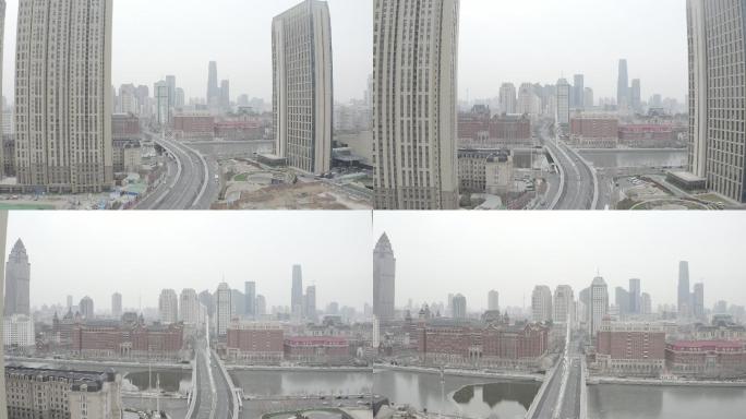 航拍天津城市大桥街道车流