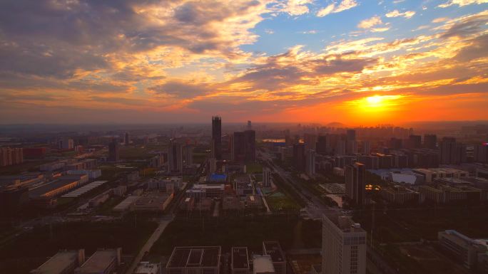 航拍合肥高新经济开发区城市落日夕阳晚霞