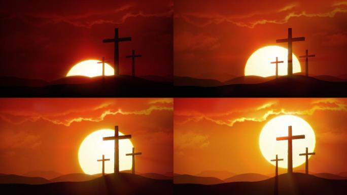 太阳从沙漠升起，三个十字架的轮廓