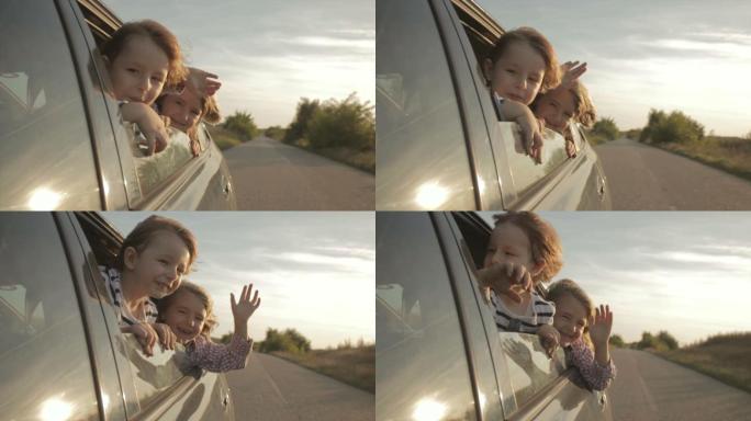 小孩探出车窗招手儿童挥手小女孩