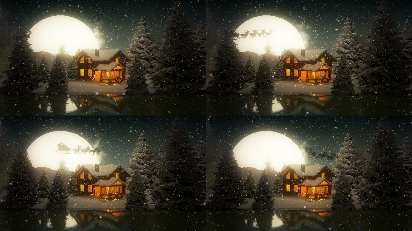 湖畔别墅的圣诞夜完美满月河流