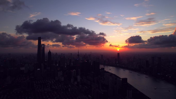 航拍上海陆家嘴三件套晚霞火烧云