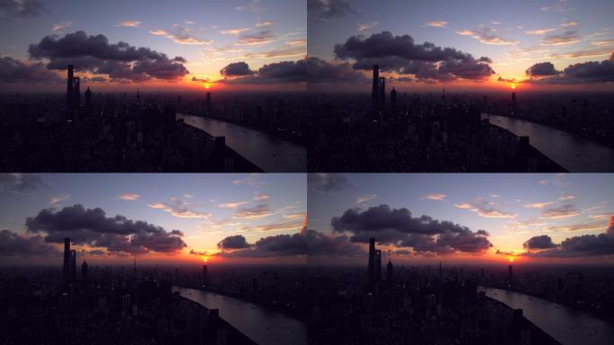航拍上海陆家嘴三件套晚霞火烧云