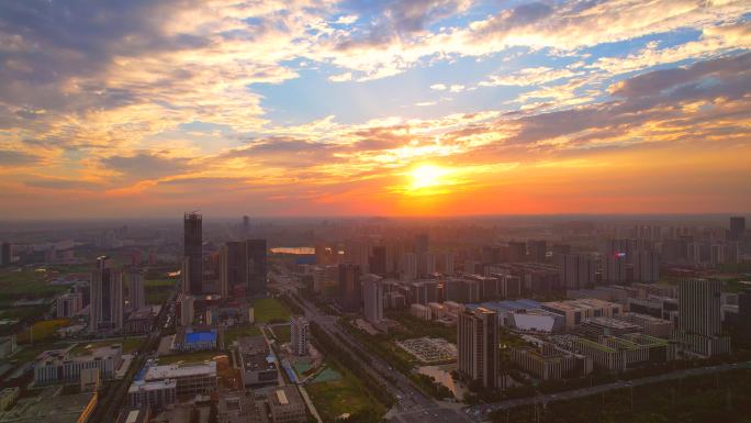 航拍合肥高新经济开发区城市落日夕阳晚霞