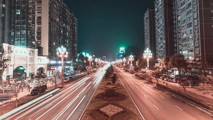 城市广场夜间航拍延时