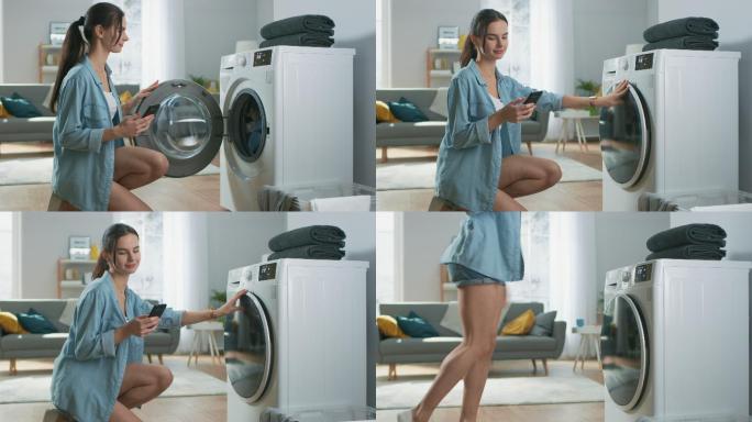 美丽的年轻女子把脏衣服装进了洗衣机
