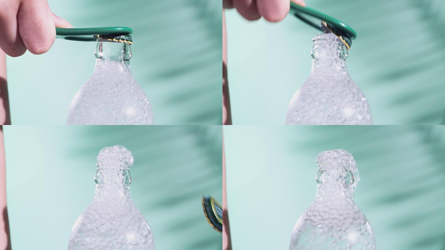 用开瓶器打开一瓶苏打水涌出气泡