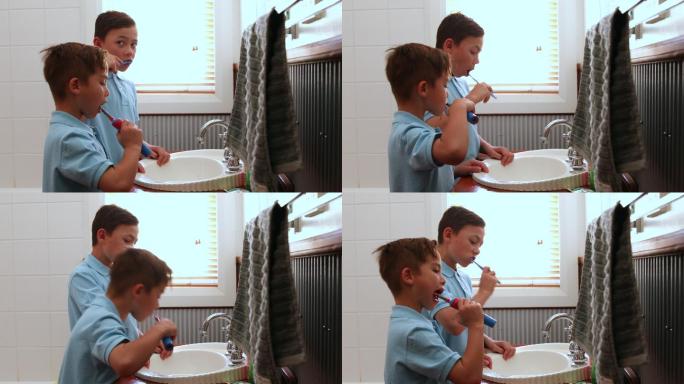 孩子们在上学前刷牙