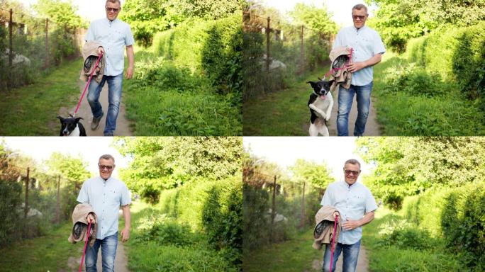 一个男人带着他的狗走在乡间小路上。
