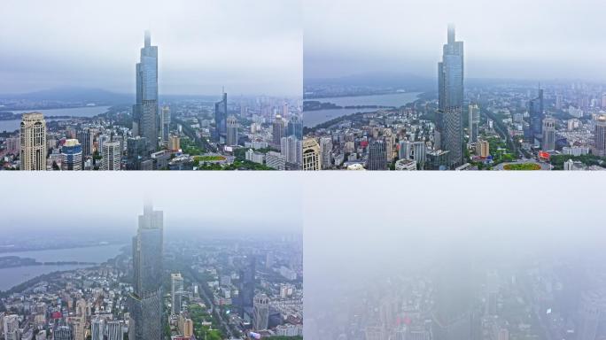 平流雾航拍南京紫峰大厦推进升高穿云