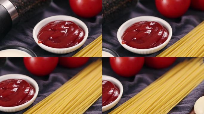 【正版素材】木背景番茄肉酱面食材特写横移