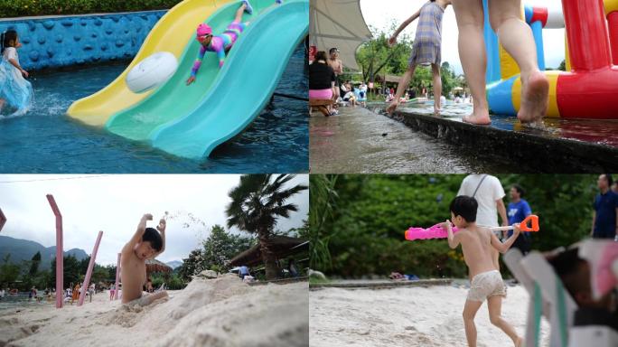 夏日小孩沙滩玩水游泳漂流升格视频素材
