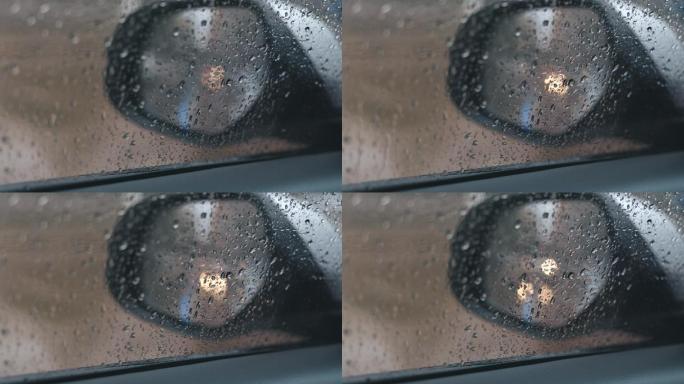 4K下雨天汽车后视镜雨滴特写