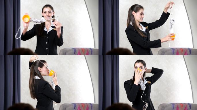 航空公司乘务员演示如何使用氧气面罩