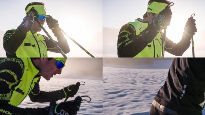 越野滑雪运动员戴上墨镜，准准备练习
