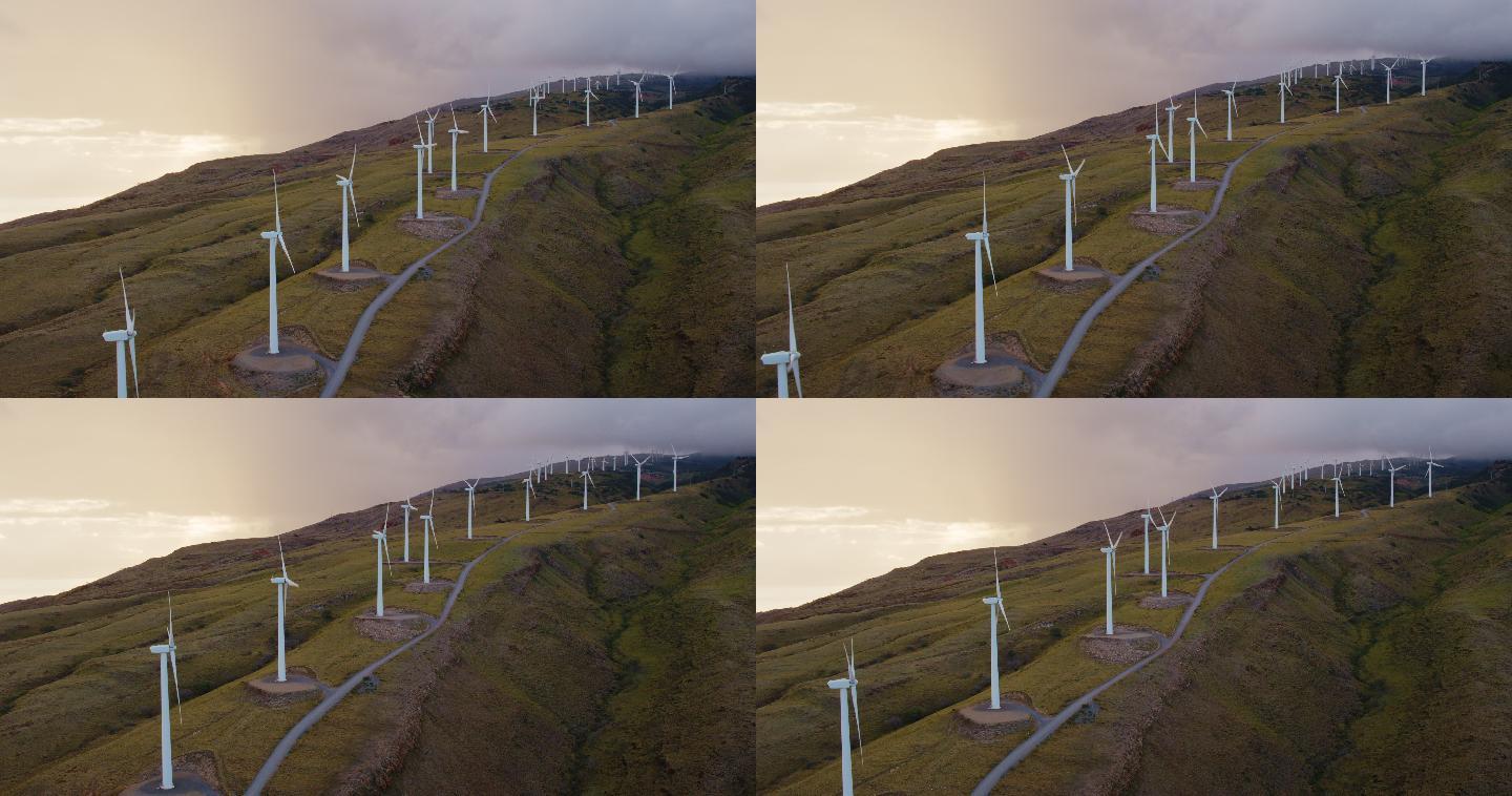 日落时的风车电源燃料和发电自然中的动力