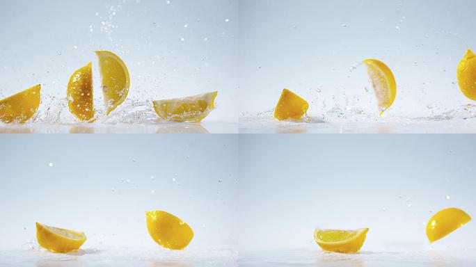 柠檬落在水上慢动作