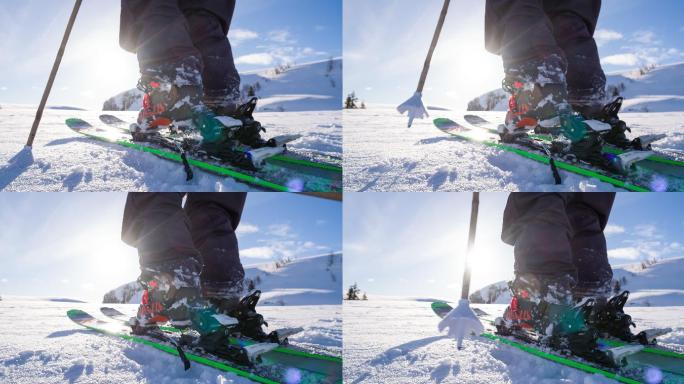 自由式滑雪运动员穿好滑雪板准备滑雪