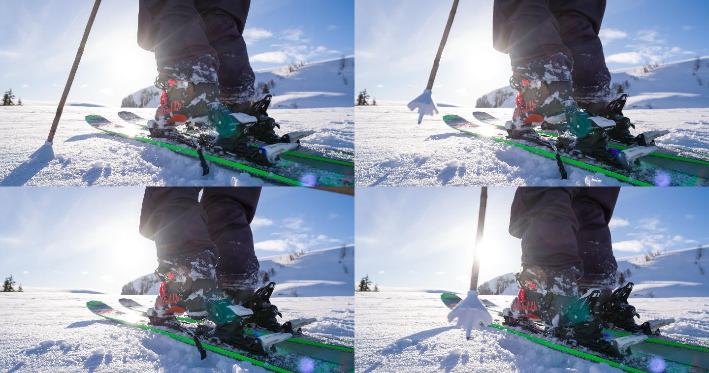 自由式滑雪运动员穿好滑雪板准备滑雪