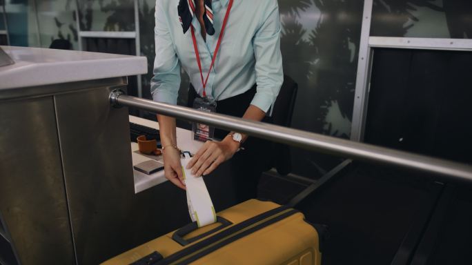 年轻的航空公司服务员在旅行箱上贴标签