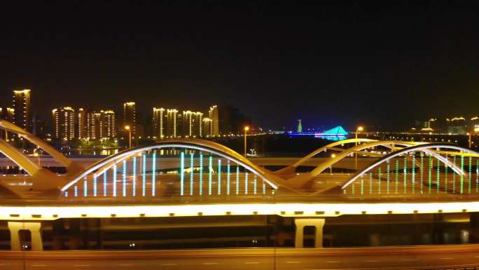 4K西安浐灞广运大桥航拍夜景