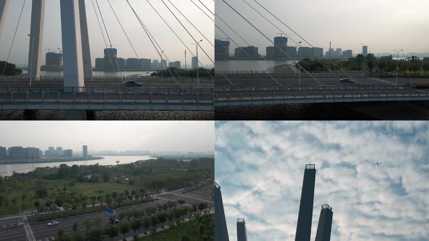 郑州东区龙尾河桥航拍汽车行驶飞机