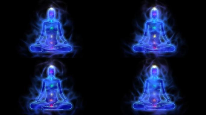 冥想中的人体能量打坐元宇宙虚拟科幻蓝色