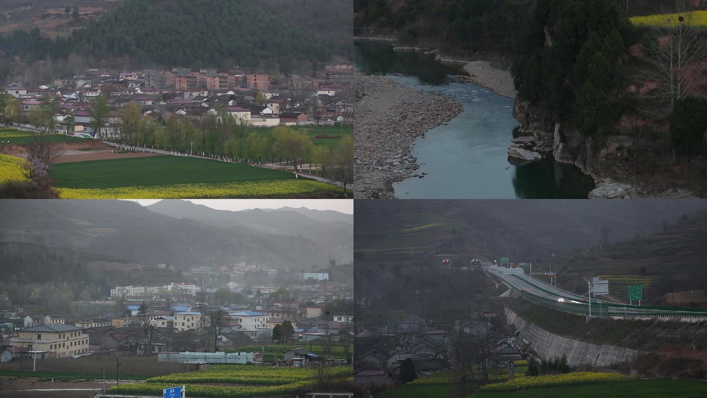 小村镇 河流 春天 油菜花田地