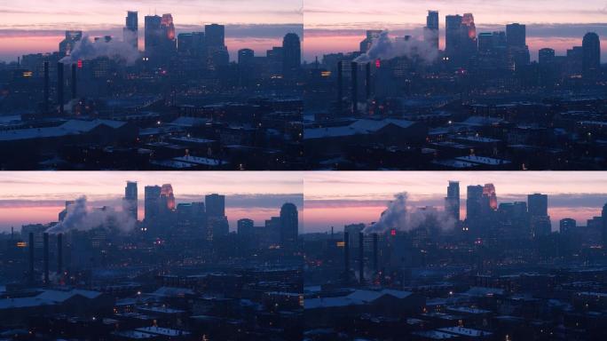 明尼阿波利斯日落时的航空镜头