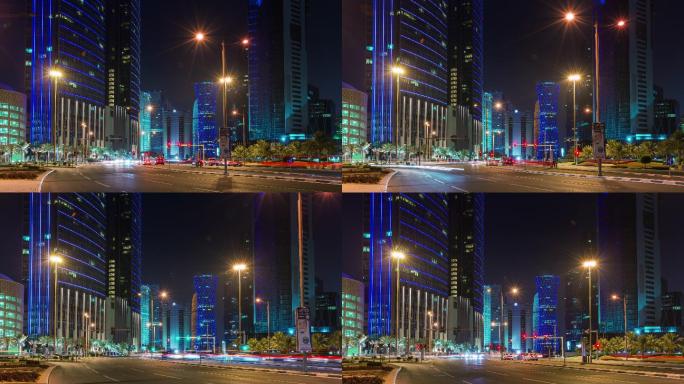 夜间照明多哈市交通街市中心