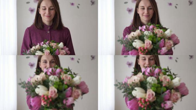 花店女店员的肖像，带有她自己制作的花束