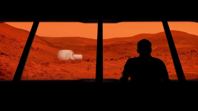 宇航员眺望火星基地