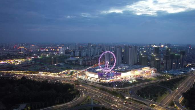 临沂滨河万达  摩天轮高架桥夜景  航拍