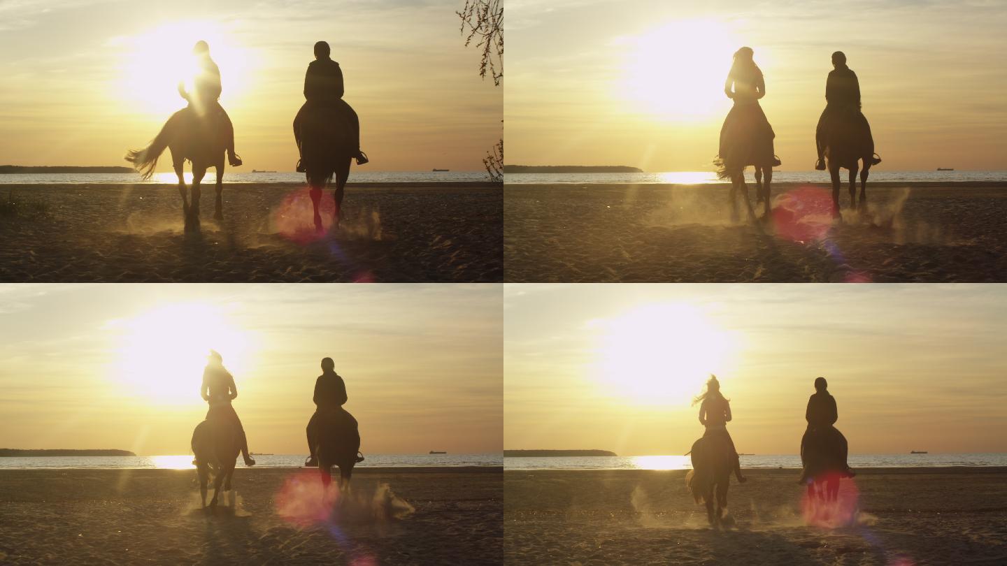两名年轻女子在海滩上骑马的剪影