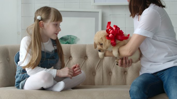 妈妈给女儿一只带红色蝴蝶结的小狗