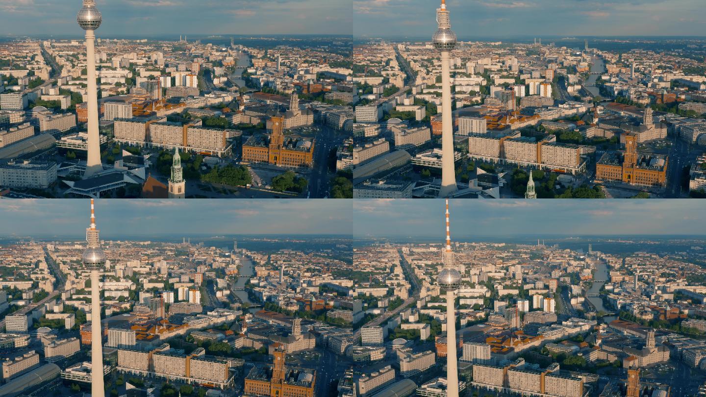 柏林电视塔鸟瞰图城市建筑快速发展航拍延时