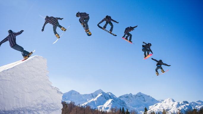 滑雪板跳跃蒙太奇创意拍摄单板滑雪高台滑雪