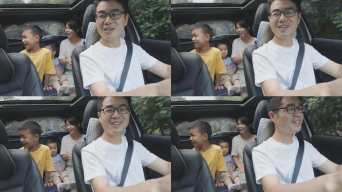 4K一家四口人自驾游汽车内开心画面慢动作