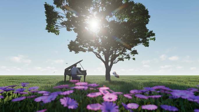 创意视频草地弹钢琴四季变换