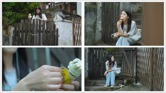 女孩吃冰淇淋甜筒