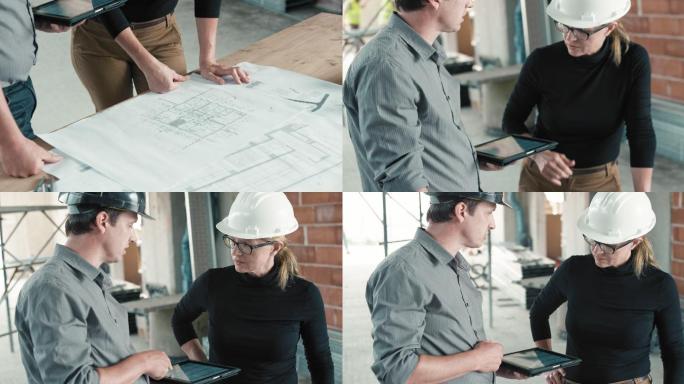 女建筑师和男工程师对比建筑图纸