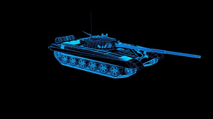 蓝色全息科技线框T-72坦克动画带通道