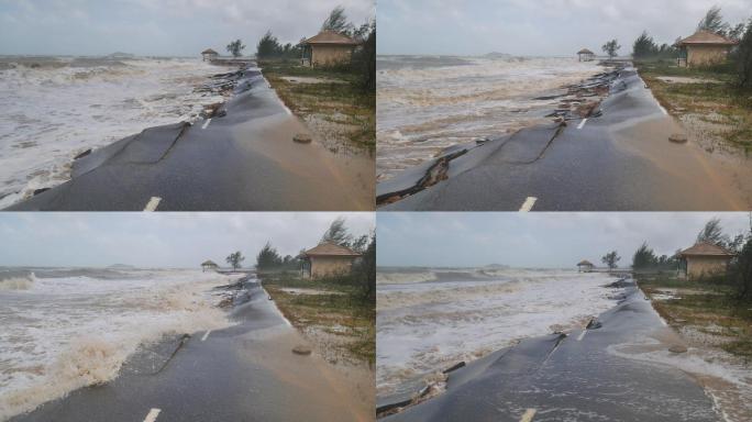 海浪摧毁了一条马路