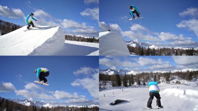 滑雪板选手在雪地公园里做360度旋转练习