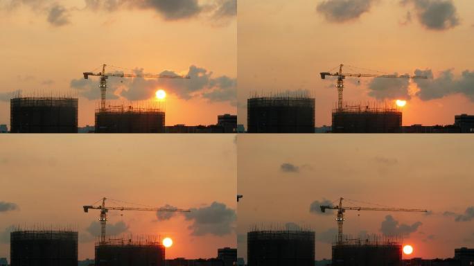 夕阳下的城市工地，工人忙碌的身影延时